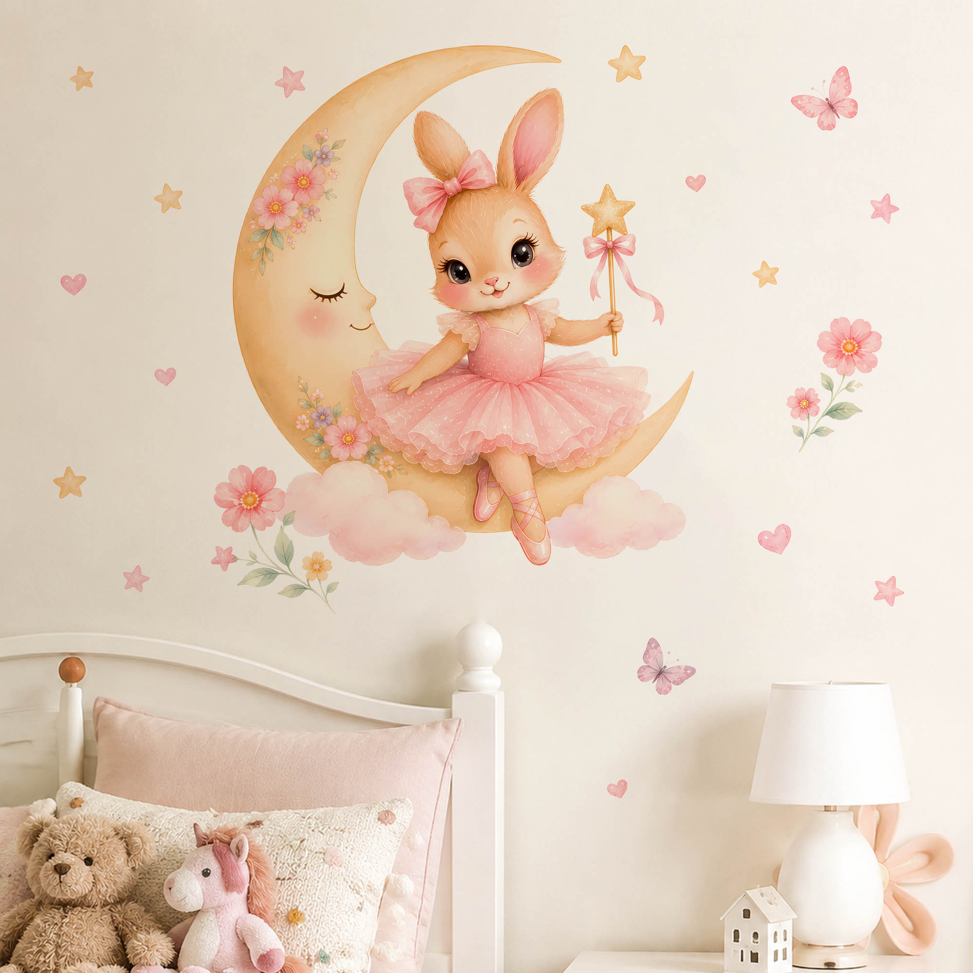 Baby Nursery Decor Girl - 수채화 발레리나 토끼 달 벽 스티커