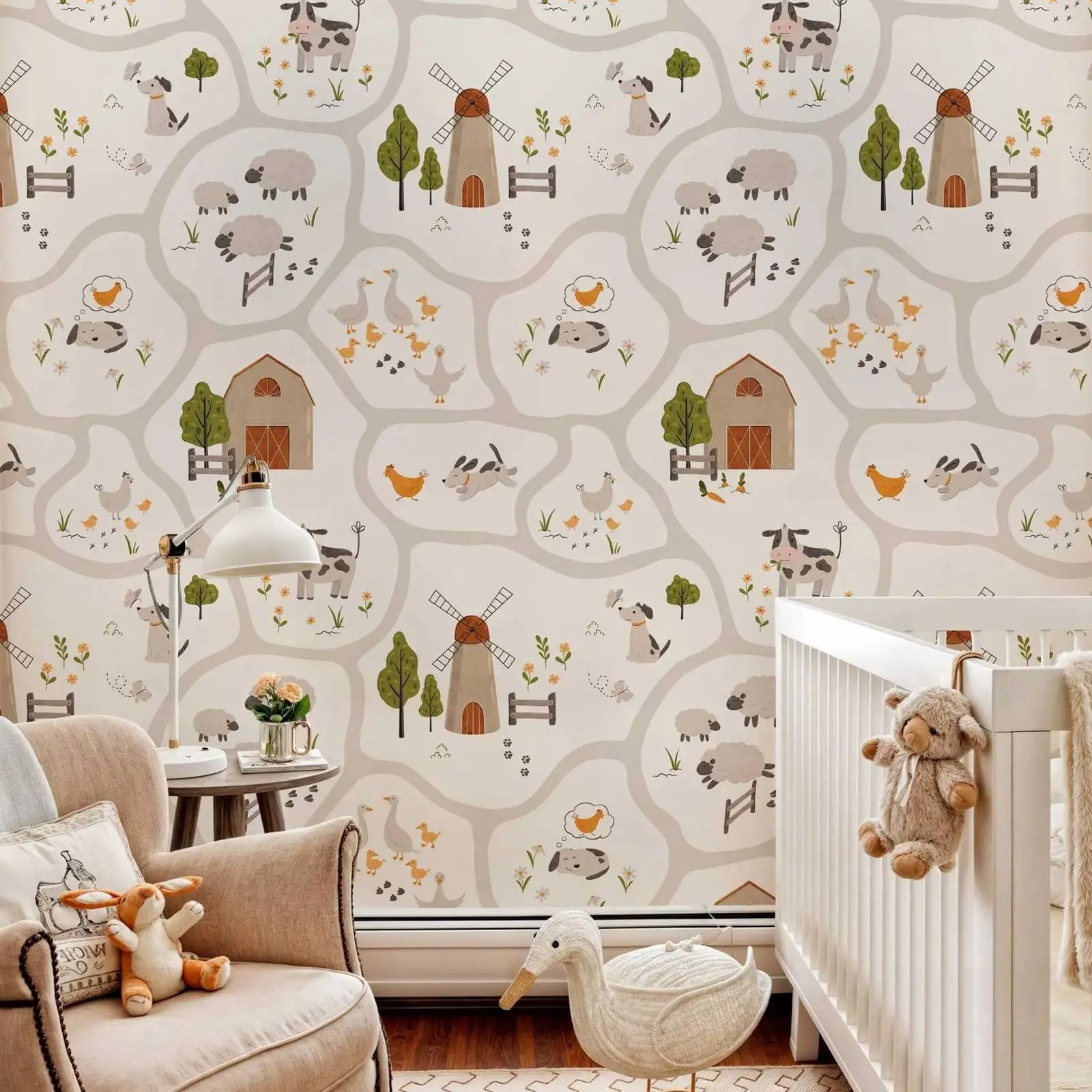 Baby Nursery Peel And Stick Wallpaper - 귀여운 농장 동물 어린이 벽지 껍질과