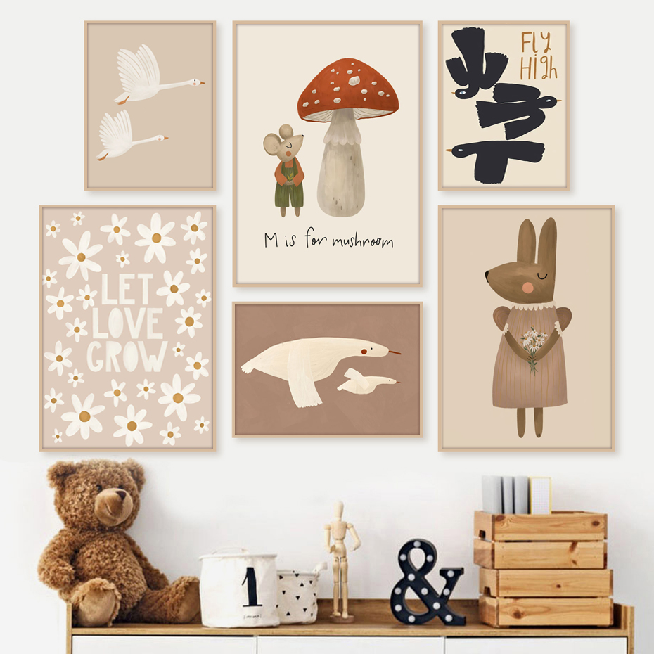 Baby Nursery Frames - Boho 만화 토끼 마우스 거위 포스터