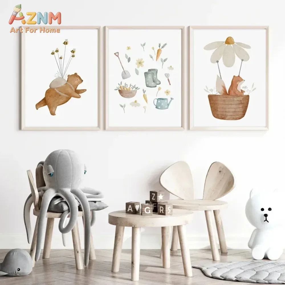 AZNM 수채화 곰 여우 동물 캔버스 벽 예술 Boho - Baby Nursery Frames 리뷰 및 가격