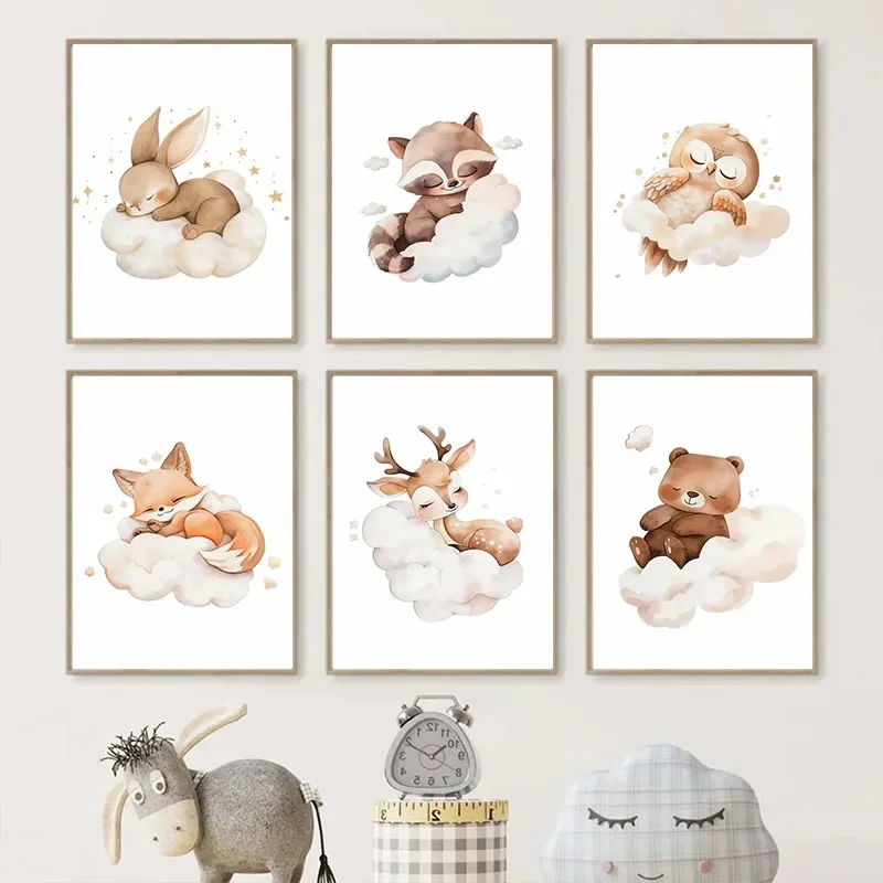 만화 구름 동물 캔버스 회화 벽 예술 귀여운 너구리 여 - Baby Nursery Frames 리뷰 및 가격