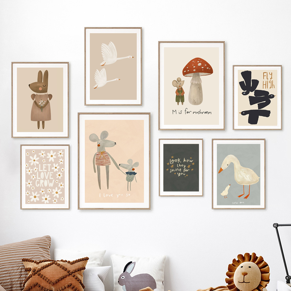 Boho 만화 토끼 마우스 거위 포스터 보육 벽 아트  - Baby Nursery Frames 리뷰 및 가격